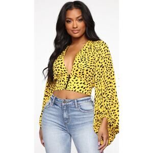 NWT Fashion Nova “Spotted You Coming” Crop Top Yellow Black Women’s Size S